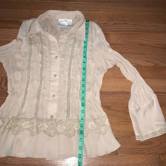 Vintage Tailor B Moss Beige/Tan Button Down Sheer Blouse with Lace Boho Medium - Picture 9 of 10